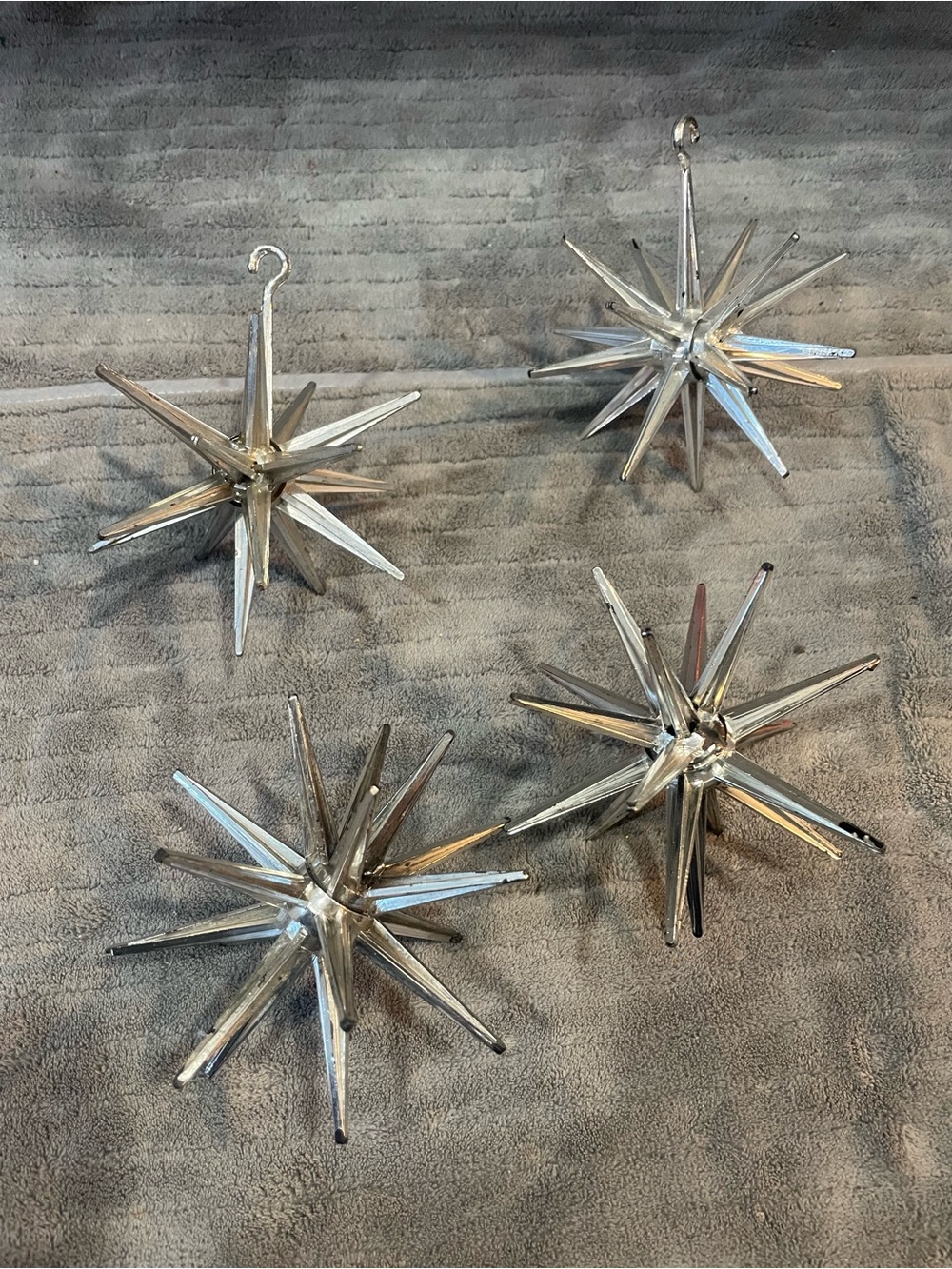 Vintage Atomic SPUTNIK Bradford Plastic Christmas Ornaments Silver Lot Of 4
